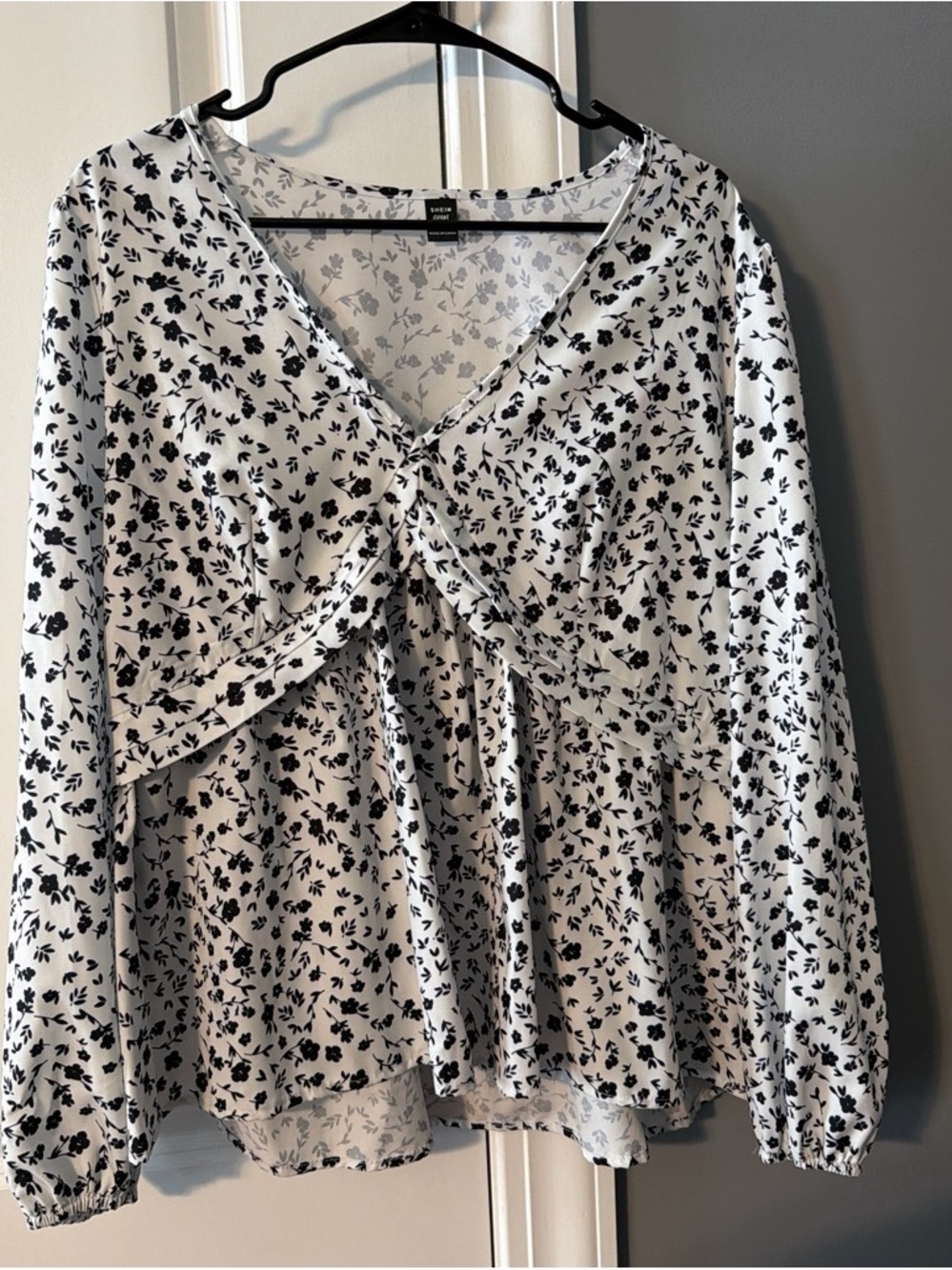 SHEIN White Blouse with Black Floral Print and Twist Front